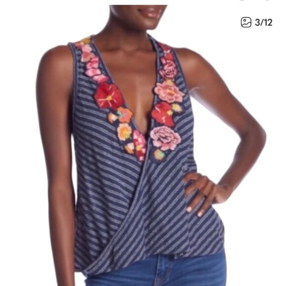 Free People Frida Embroidered Floral Striped Wrap Tank Top Navy L - Picture 2 of 9